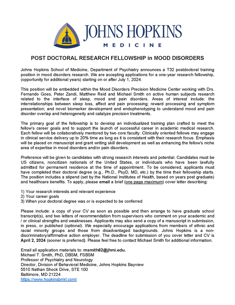 We (me and Prof Michael Smith) are looking for a Postdoc to work on sleep and mood disorders * Sadly US-citizens &amp; perma-residents only*. Come Join us in the Paris of the industrial northeast (Baltimore) hopkinsbmrl.com pls share!!