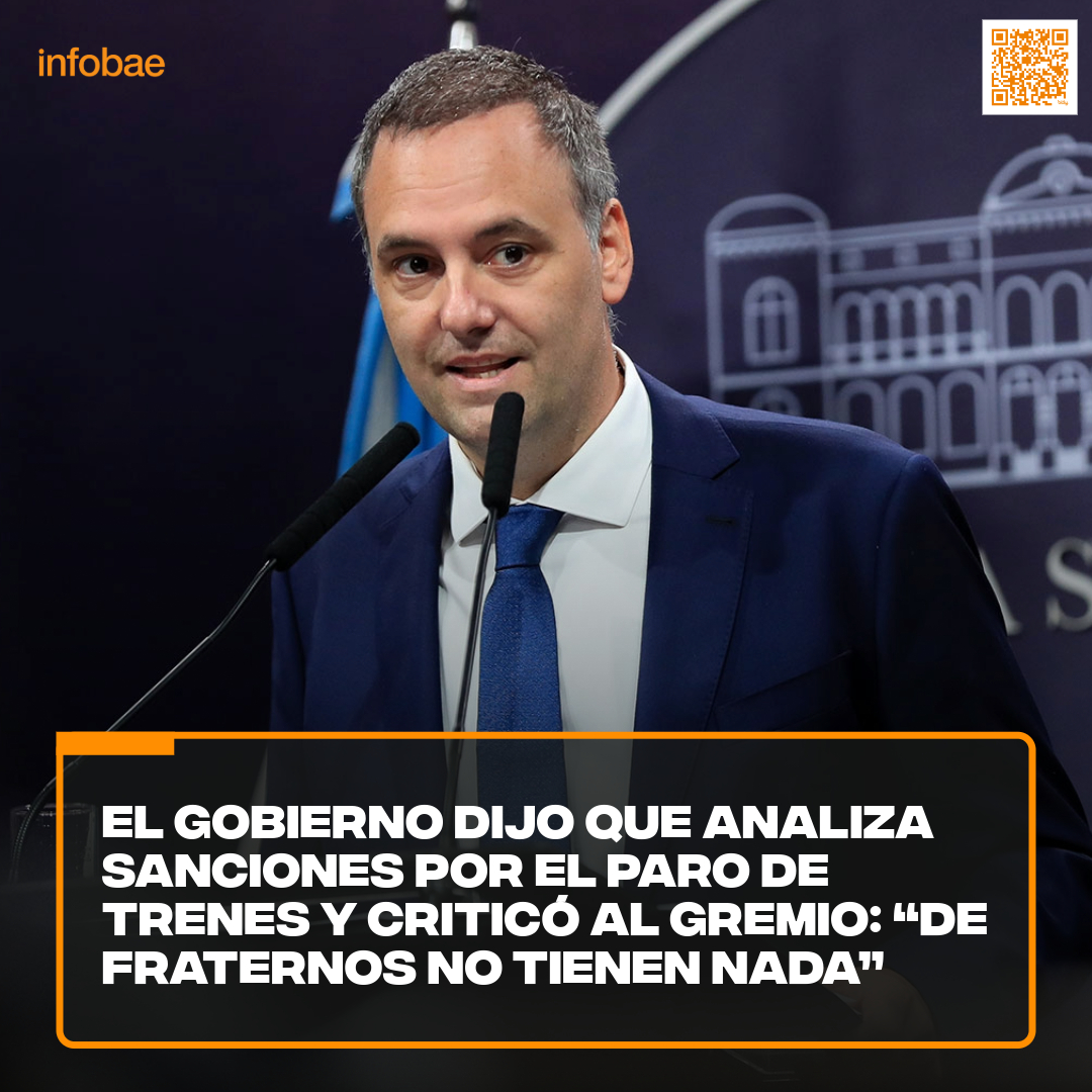infobae's tweet photo. El Gobierno dijo que analiza sanciones por el paro de trenes y criticó al gremio: “De fraternos no tienen nada” https://t.co/7qIgVqovTF https://t.co/5c859ccF6n