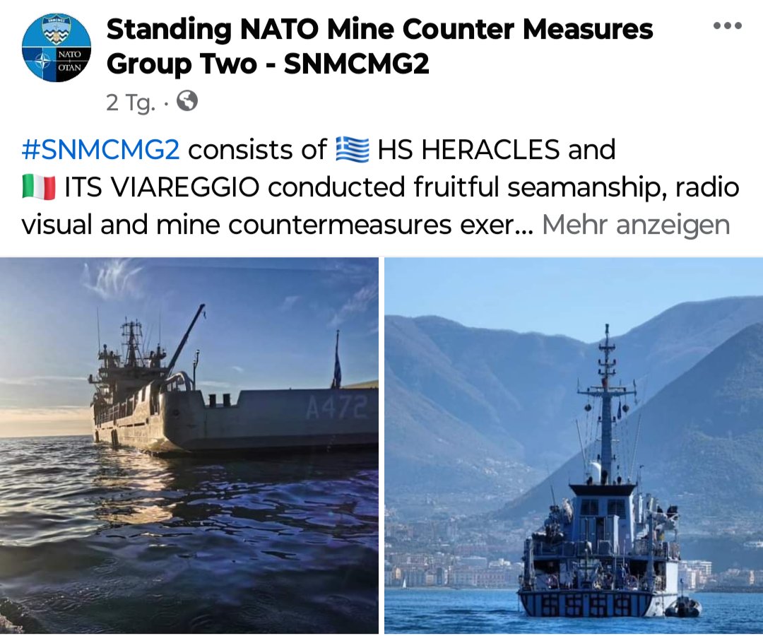 @deutschemarine @deutschemarine 
Das Minenjagdboot Grömitz ist Führungsplattform der Task Unit 01 der SNMG2 bei der NATO Unterstützung Ägäis. 
Die Flaggschiffe der SNMCMG2 sowie der (gesamten) SNMG2 findet ihr auf den Screenshots. ↘️