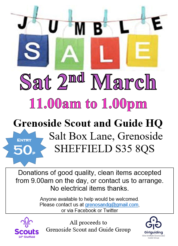 GrenoScoutGuide's tweet photo. Jumble Sale - Saturday 2nd March - great bargains to be had.  #grenoside please RT @NorthSheffield  @Sheffieldis @dondistrict @syscouts @GirlguidingShef https://t.co/plvb2whYra