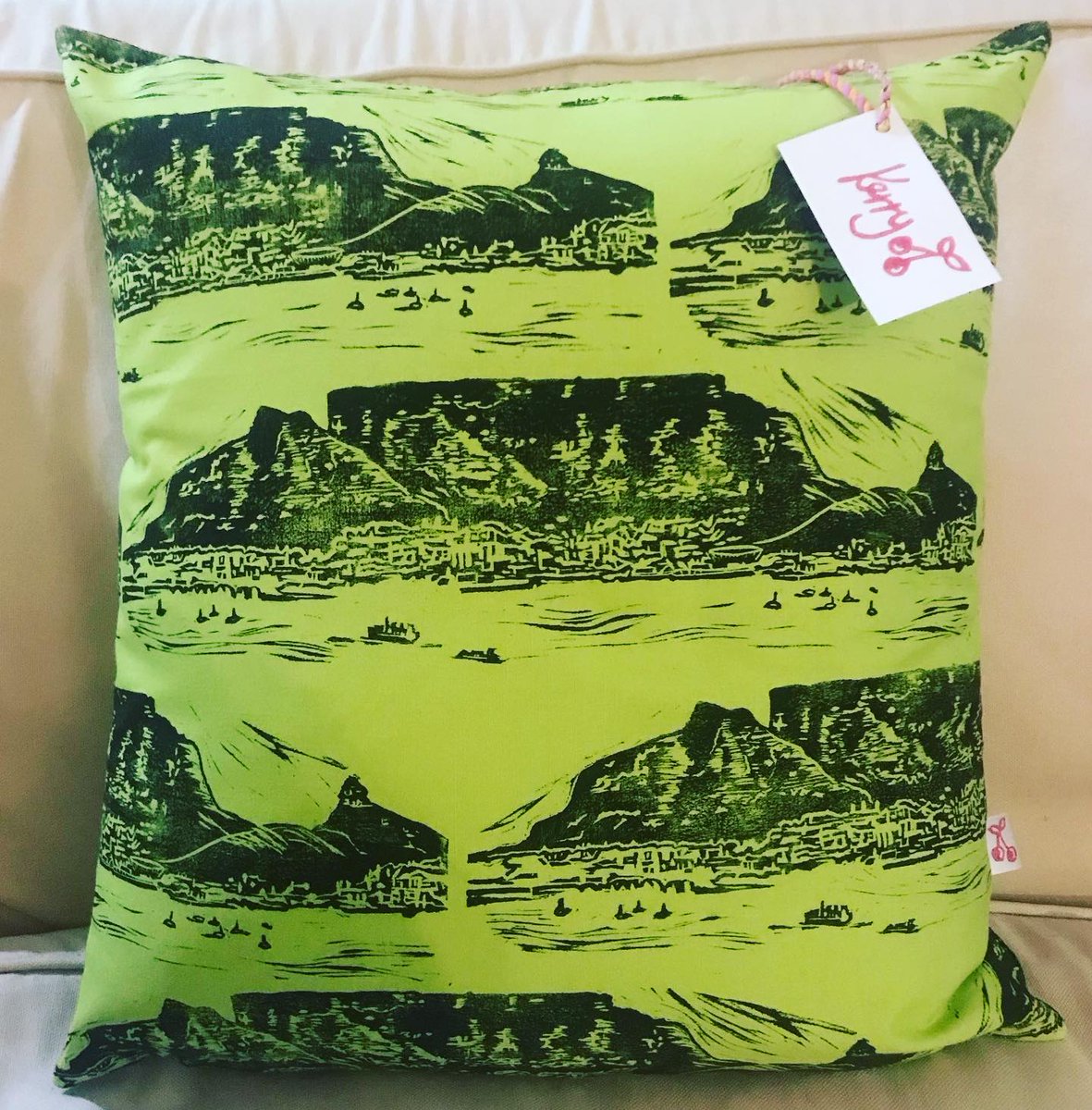Hand printed Lime green Table Mountain cushion cover. Available in any size and colour. #tablemountain #handprintedtextiles #CapeTown