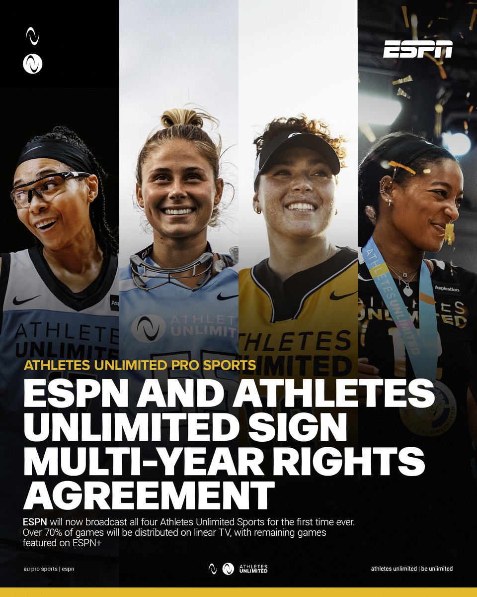 AUProSports's tweet photo. ‼️ ESPN 🤝 Athletes Unlimited ‼️

In 2024, @espn will air more than 70 live games, with more than 50 airing on linear networks 📺 

Details 👉 https://t.co/0xGmH8XDdY https://t.co/GBSYLWiZNx