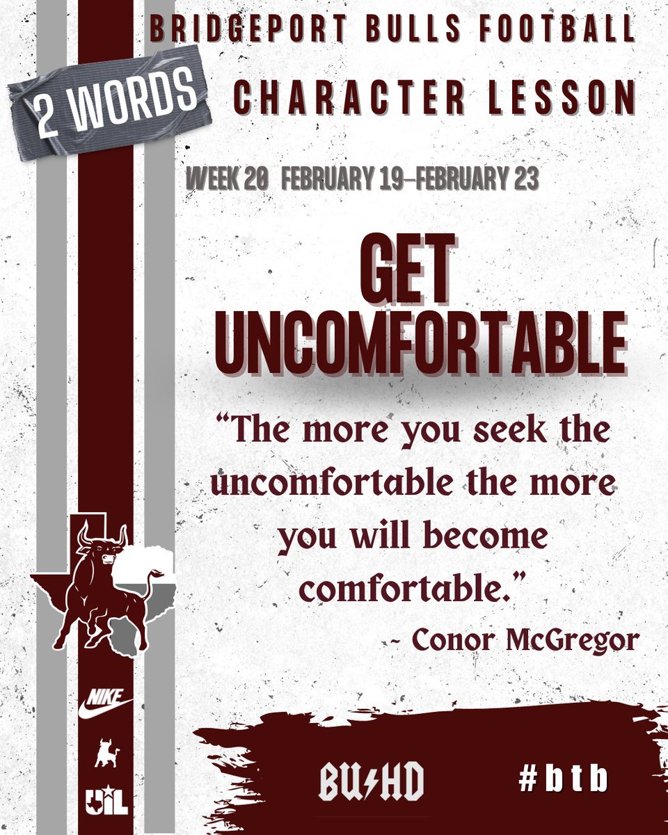 FB_Bulls's tweet photo. Week 20 in our Character Development brings us:
Get Uncomfortable
"The more you seek the uncomfortable the more you will become comfortable"
~ Conor McGregor
#BUHD #btb https://t.co/F9dCw5Hcbv