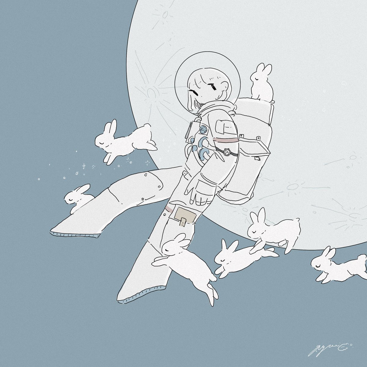 rabbit 1girl solo moon signature spacesuit space helmet  illustration images