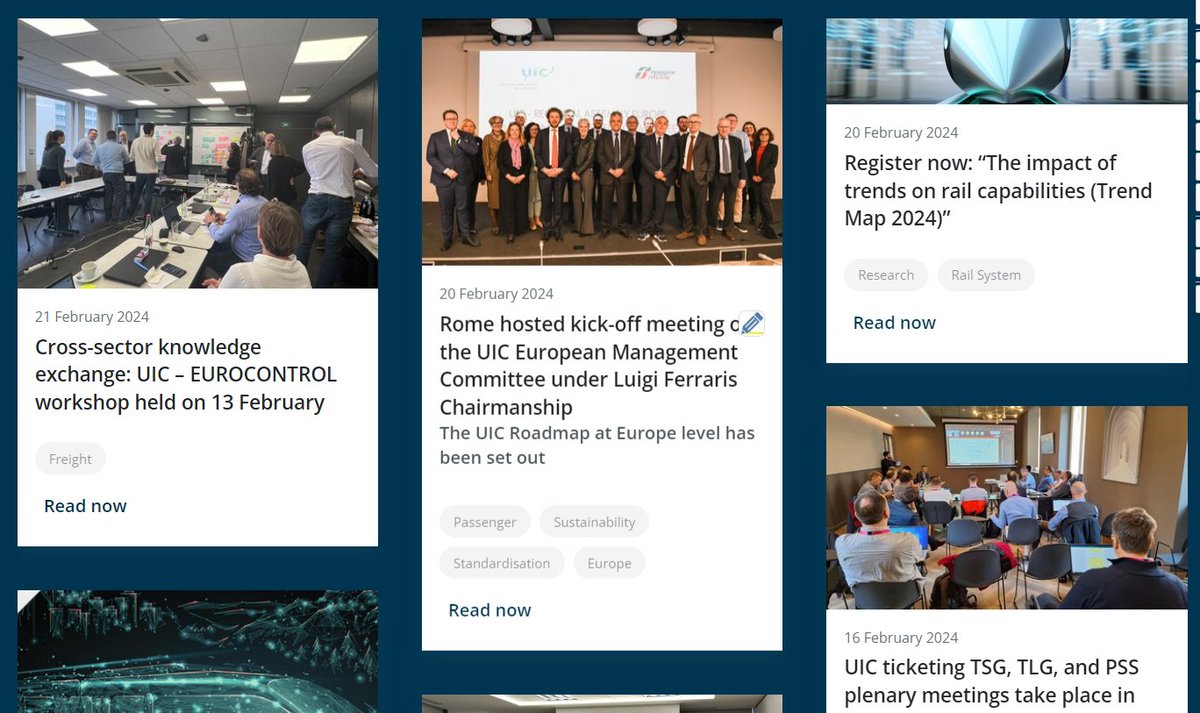 Please find the latest UIC eNews articles on the Cross-sector knowledge exchange: UIC – EUROCONTROL workshop, the kick-off meeting of the UIC European Management Committee, the webinar on “The impact of trends on rail capabilities (Trend Map 2024). uic.org/com/enews/