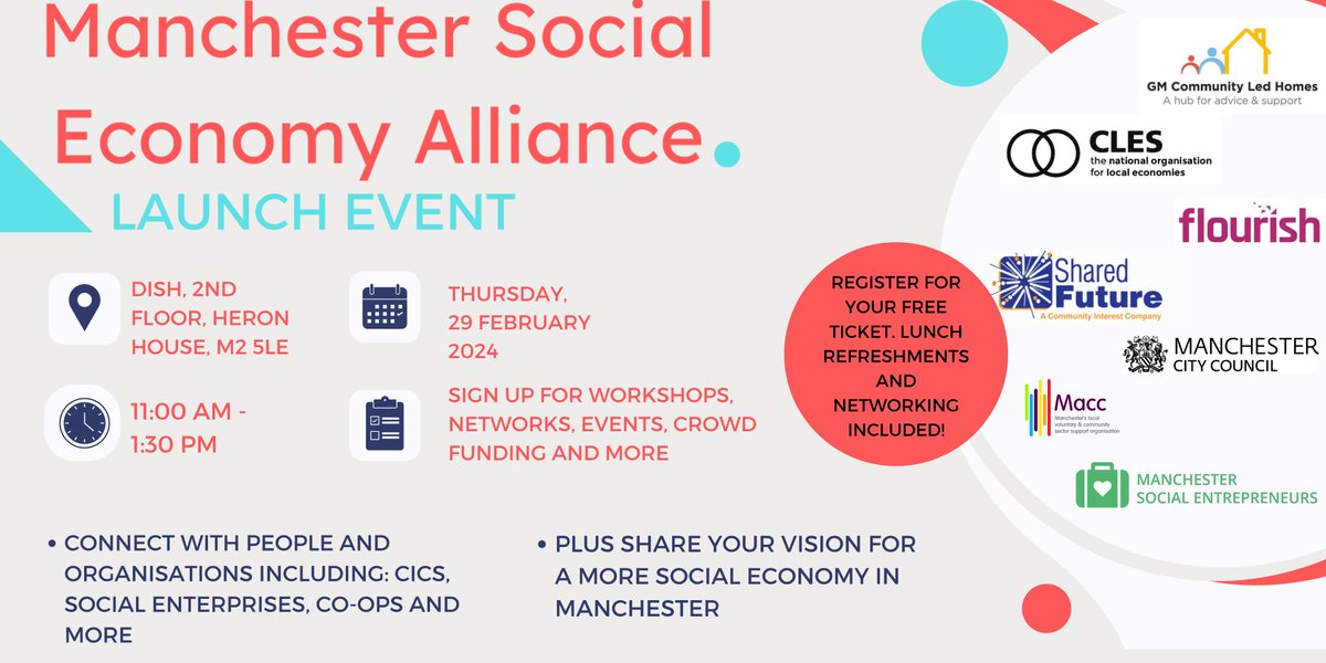 📣Just over a week to go before the Manchester Social Economy Alliance Launch event! 

Hear about and register for upcoming support for your organisations and connect with changemakers working towards a more social economy in Manchester. 

Register here: eventbrite.co.uk/e/manchester-s…