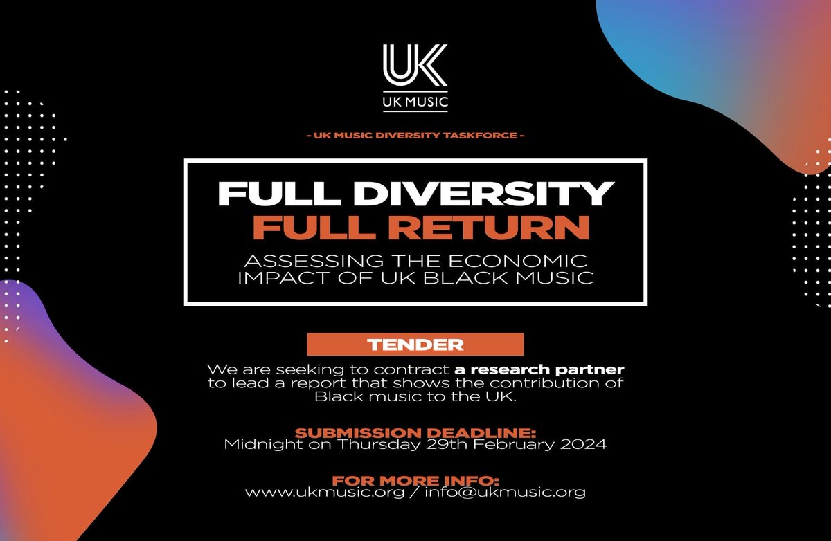 Opportunity! UK Music are looking for a research partner for new diversity report. Find out more here: bit.ly/47YoAqU #Diversity #Job #Research #Academic #MusicIndustry #Inclusion #BlackMusic