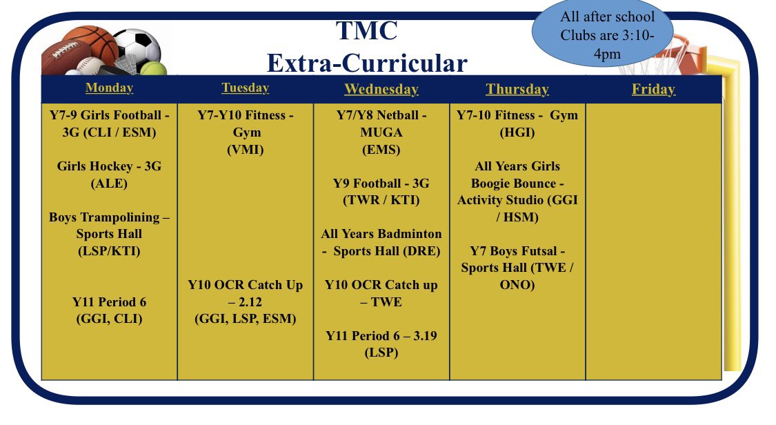 TMC Extra Curricular for Half Term 4 ⚽️🏑🏋🏼‍♀️🤸🏼‍♀️ wide variety of sports on for all pupils to come and try 👏🏼