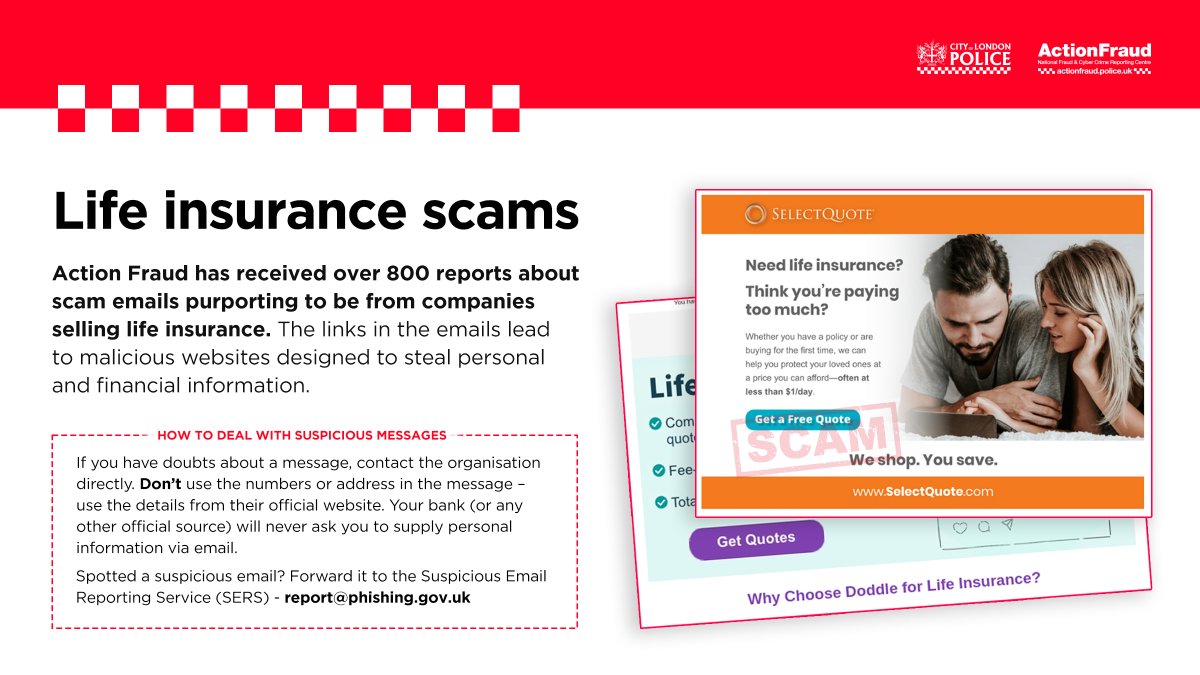 🚨We have seen a rise in fraudsters sending out fake text messages and phishing emails claiming to sell #lifeinsurance . ⚠️@ActionFraudUK has received 800 reports of these scam emails, designed to steal your personal information. ➡️Received an email you think is suspicious?…