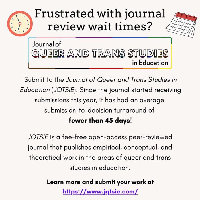 The Journal of Queer and Trans Studies in Education publishes peer-reviewed scholarship with *free* online open access publication. Plus, we have amazing reviewers, who are thoughtful and timely. Visit jqtsie.com to learn more! @KamdenStrunk @ant_duran @stepshel78