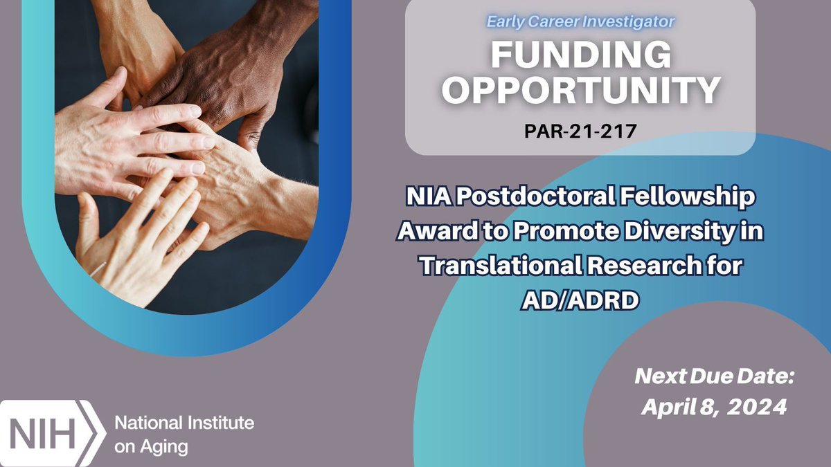 FUNDING OPPORTUNITY: The next due date for the @NIHAging #fundingopportunity to support research training of #postdoctoral candidates from diverse backgrounds to help them gain critical translational skills in data science is April 8. buff.ly/3MVVLSy