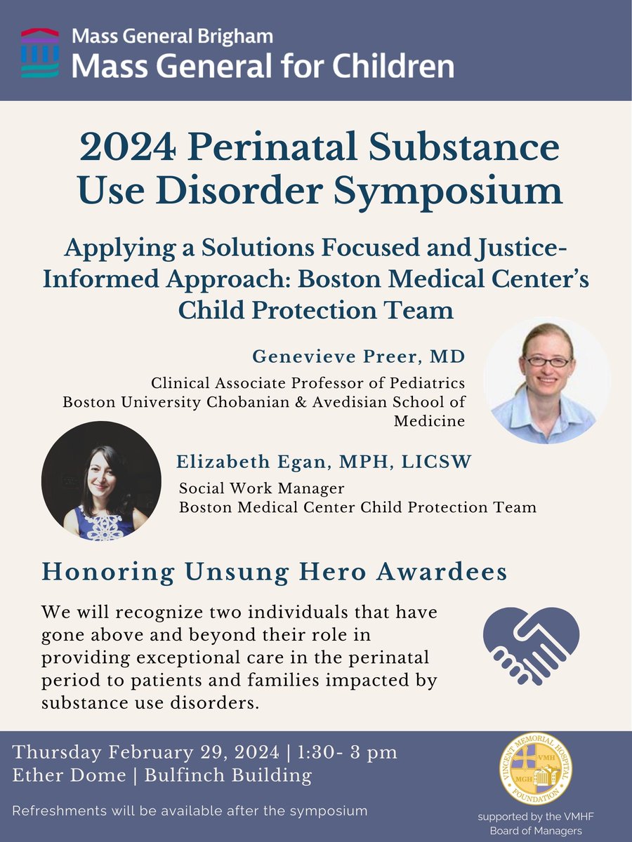We hope you can join us Thursday February 29th 1:30pm-3pm for our 2nd annual Perinatal SUDs Symposium and Unsung Hero Awards in the MGH Ether Dome! DM for more information and virtual options!