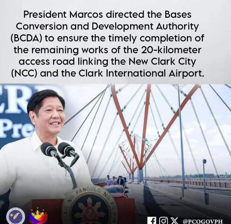 President Marcos directed the Bases Conversion and Development Authority (BCDA) to ensure the timely completion of the remaining works of the 20-kilometer access road linking the New Clark City (NCC) and the Clark International Airport.
#PBBMGoodNews 
#UnitedLoyalist
