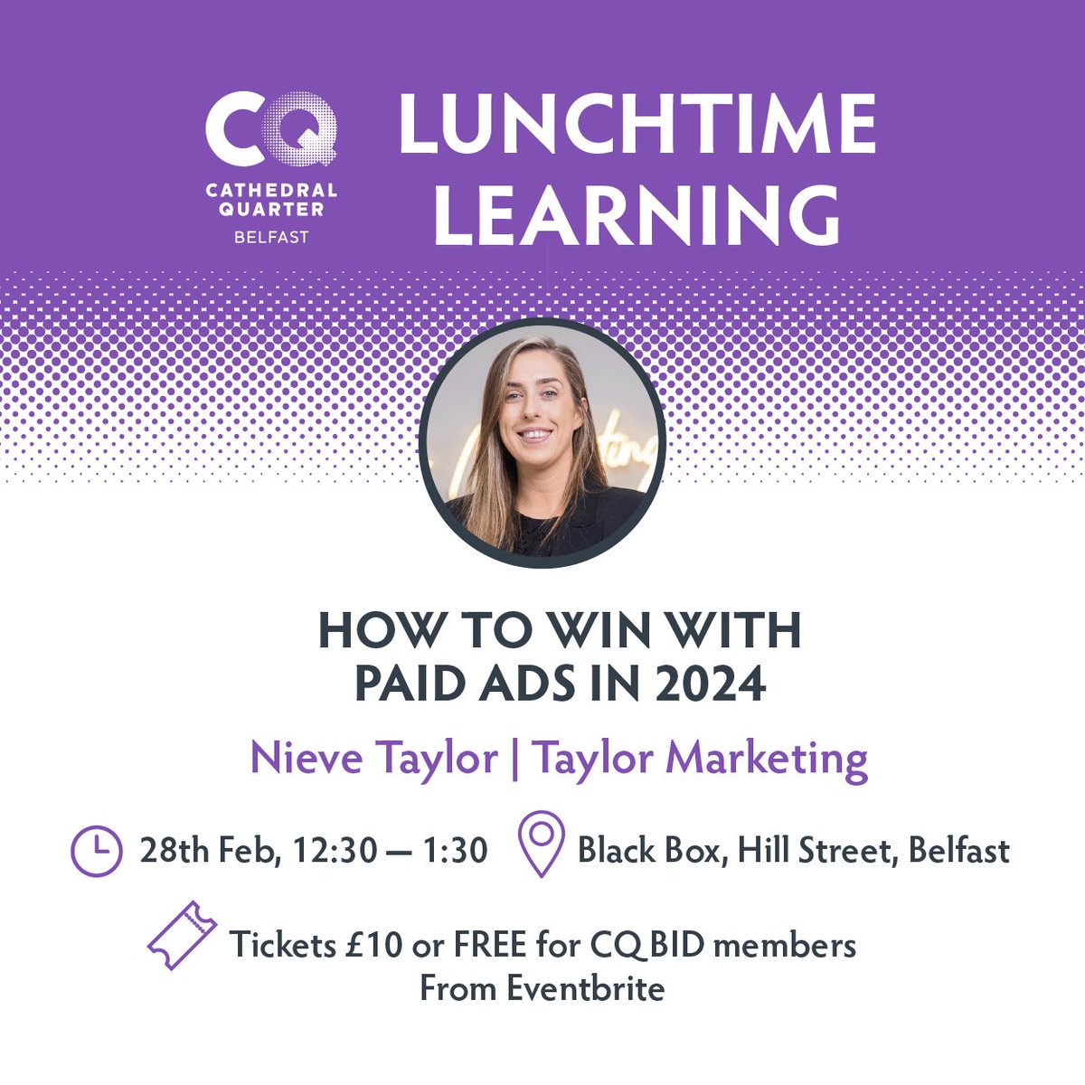 Are you looking to up your social ad game? Don't miss the next Lunchtime Learning at The Black Box with social ads specialist Nieve Taylor 🗓 Wednesday 28th February 2024 ⏰ 12.30-1.30pm 📍 Black Box Belfast 🔗 eventbrite.com/e/829839601587