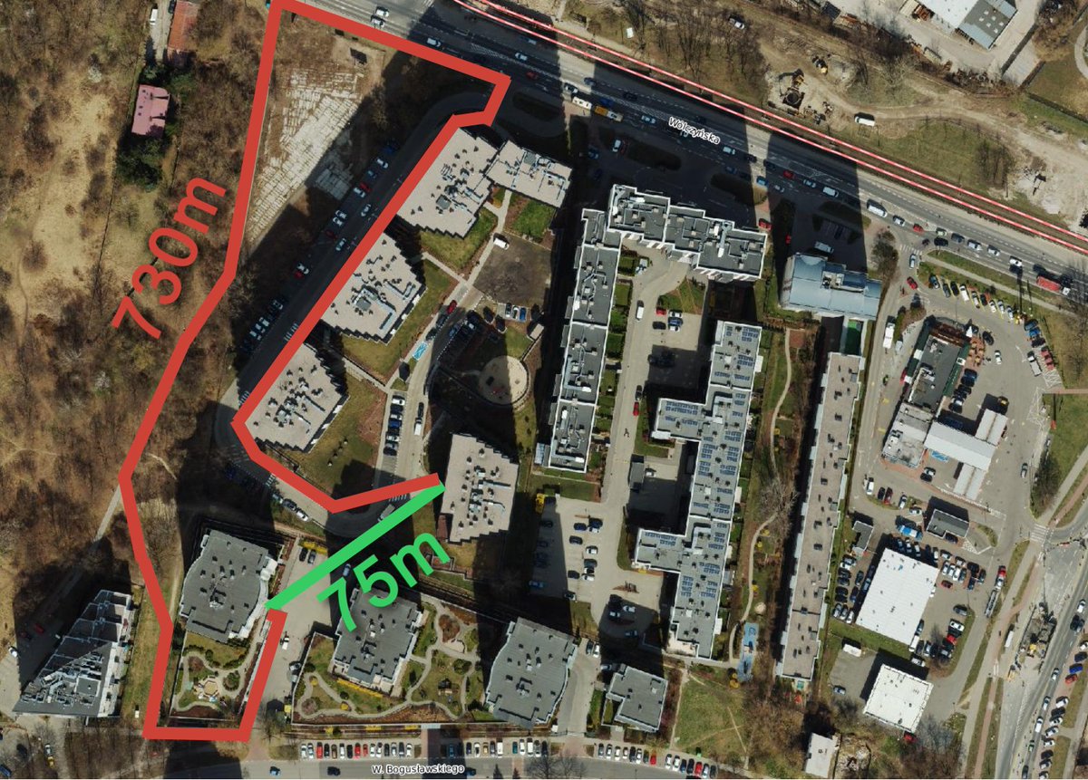 🤔 Czy samo uchwalenie Planu Zagospodarowania sprawia, że powstaje dobra tkanka miejska? NIE. Dwa osiedla, które powstały na podstawie MPZP, Warszawa, Bielany: aby przejść z bloku do bloku, przez wszechobecne ogrodzenia zamiast 75m idziesz 730m! 😵‍💫 Plany muszą być szczegółowe!