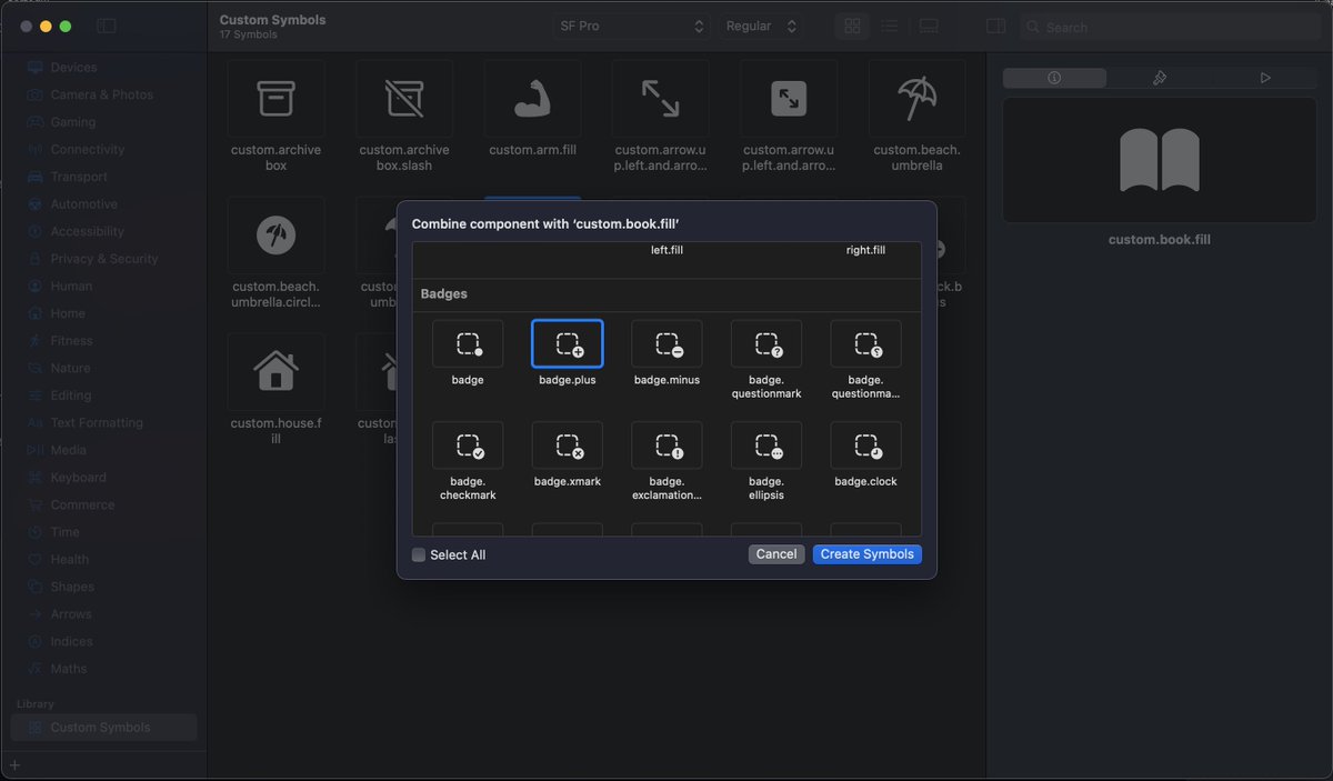 alpennec's tweet image. How to do it the easy way directly in #SFSymbols:

1. Choose an existing SF Symbol (book.fill)
2. Right click + &quot;Duplicate as Custom Symbol&quot;
3. In Custom Symbols, right click + &quot;Combine Symbol with Component&quot;
4. Select the component your want (badge.plus)

Voilà! 🪄