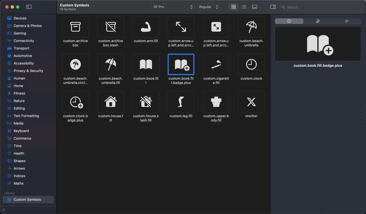 alpennec's tweet image. How to do it the easy way directly in #SFSymbols:

1. Choose an existing SF Symbol (book.fill)
2. Right click + &quot;Duplicate as Custom Symbol&quot;
3. In Custom Symbols, right click + &quot;Combine Symbol with Component&quot;
4. Select the component your want (badge.plus)

Voilà! 🪄