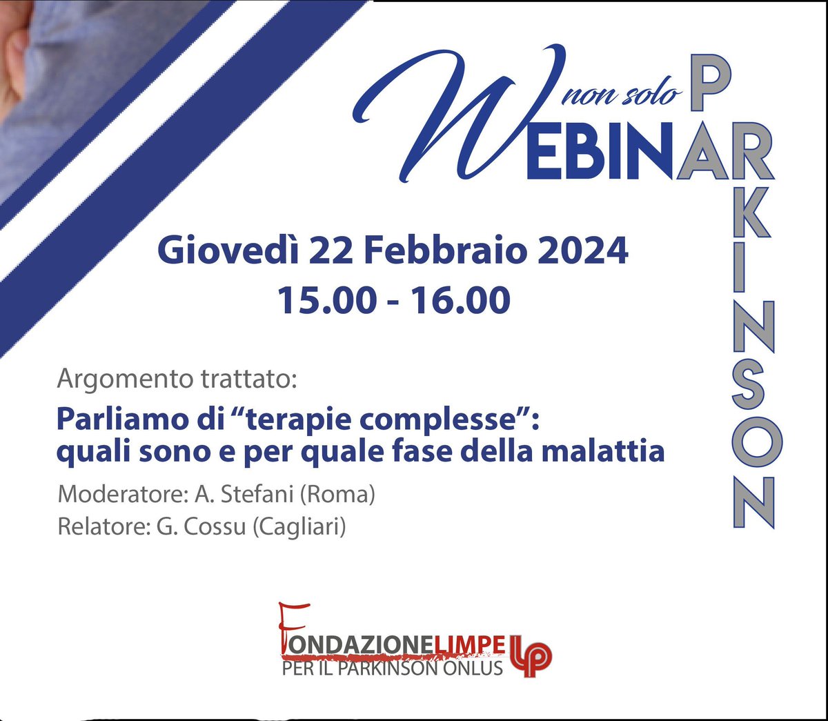 Il 𝟐𝟐 𝐅𝐄𝐁𝐁𝐑𝐀𝐈𝐎  𝐚𝐥𝐥𝐞 𝐨𝐫𝐞 𝟏𝟓:𝟎𝟎 webinar GRATUITO 𝑷𝒂𝒓𝒍𝒊𝒂𝒎𝒐 𝒅𝒊 “𝒕𝒆𝒓𝒂𝒑𝒊𝒆 𝒄𝒐𝒎𝒑𝒍𝒆𝒔𝒔𝒆”: 𝒒𝒖𝒂𝒍𝒊 𝒔𝒐𝒏𝒐 𝒆 𝒑𝒆𝒓 𝒒𝒖𝒂𝒍𝒆 𝒇𝒂𝒔𝒆 𝒅𝒆𝒍𝒍𝒂 𝒎𝒂𝒍𝒂𝒕𝒕𝒊𝒂 
buff.ly/3wnDgD9 
#webinarparkinson #webinar2024 #webinarLIMPE
