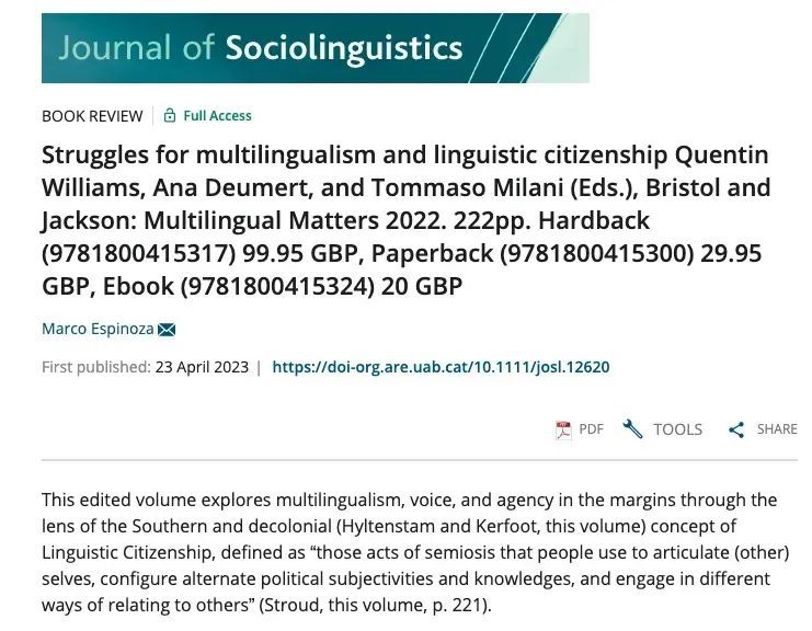 ➡️ In our latest #JSLX issue: Review of 'Struggles for #multilingualism and linguistic #citizenship' 📖 'This volume is also a convincing example that critical #sociolinguistics is necessarily an interdisciplinary endeavor' 🌐 Read for free: buff.ly/3oEci6e