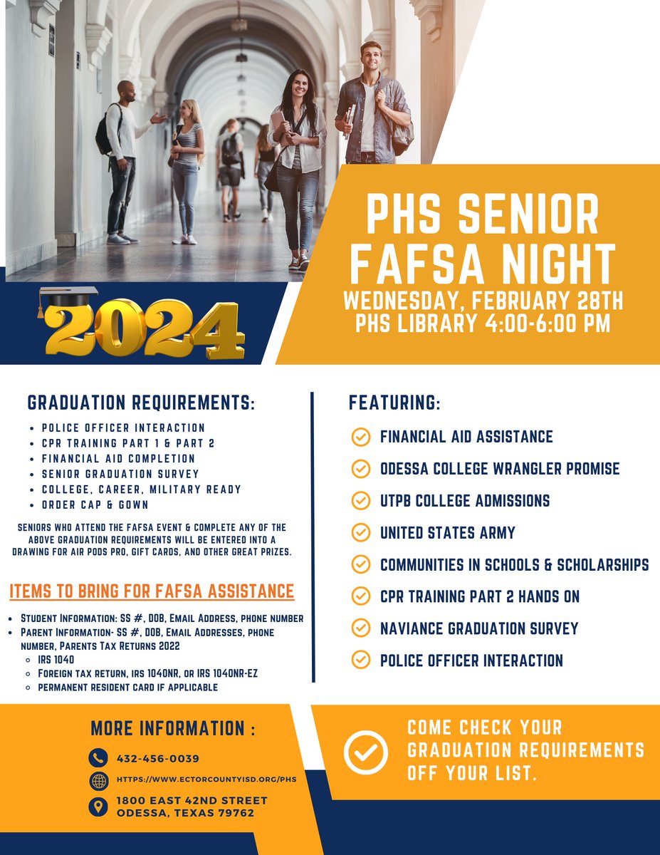 Permian Seniors...Permian is hosting it's 2nd Senior FAFSA Night next Wednesday, February 28th. Come check off your graduation requirements.