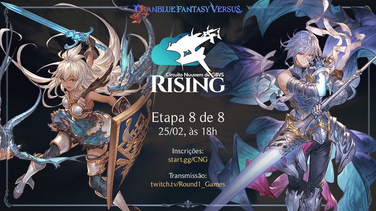 Fala, galera!

Última etapa qualificatória do Circuito <a href="/Nuuvem/">Nuuvem.com</a> de GBVS Rising com inscrições abertas!

Data: domingo (25/02), às 18h
Inscrições: start.gg/CNG
Transmissão: twitch.tv/Round1_games

#GBVSR #GBFVR #GranblueFantasyVersusRising
