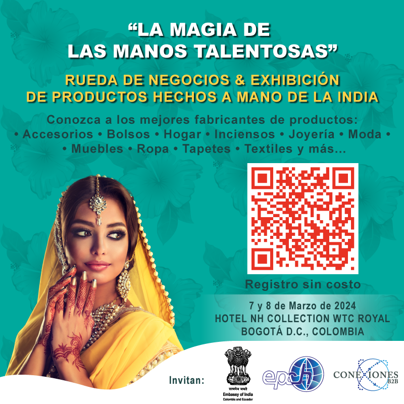 IndiaEmbBogota's tweet photo. Participe en “LA MAGIA DE LAS MANOS TALENTOSAS”🤲, rueda #B2B de productos hechos a mano de la India 🇮🇳 #Accesorios #Bolsos #Hogar #Inciensos #Decoración #Menaje #Joyería #Moda #Muebles #Ropa #Tapetes #Textiles
📅 7 & 8 de Marzo
📝 Registro (sin costo): https://t.co/466GJdJSz8 https://t.co/eIkN8lDdK4