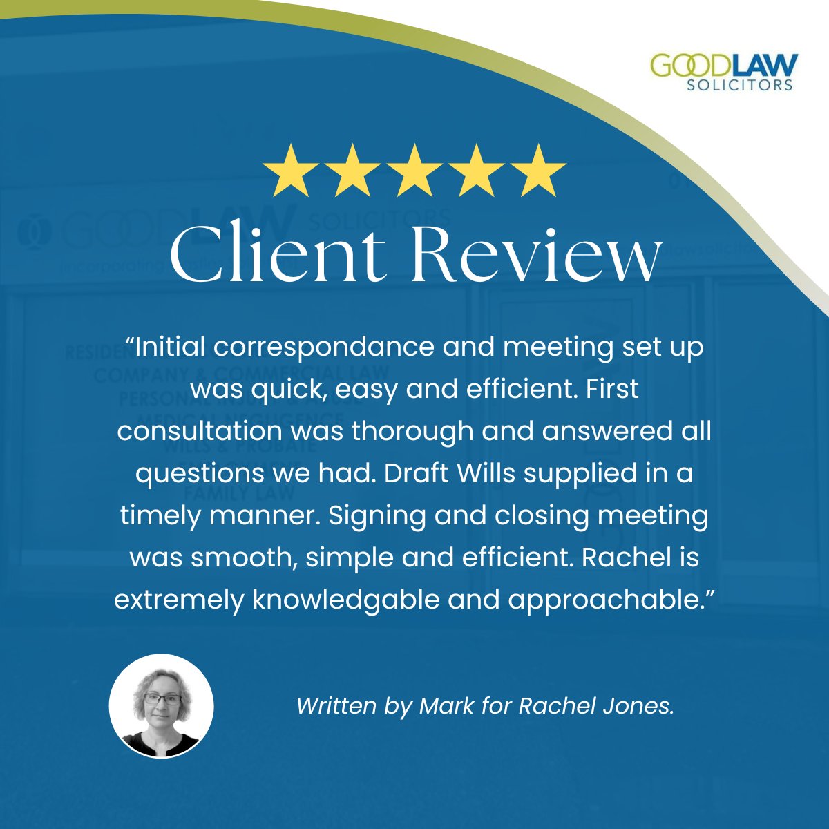 Rachel Jones receives a 5-Star Review!👏

Rachel, who is situated in our GoodLaw Hassocks office, has been practicing law for 15 years. She specialises in wills, powers of attorney, probate, elder client care, and court of protection cases.

Contact Rachel on 01273 836004.
