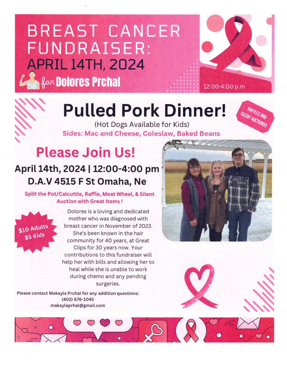 Join us in supporting Dolores Prchal in her fight against breast cancer for a pulled pork dinner fundraiser from noon to 4 p.m. on Sunday, April 14 at the DAV Nebraska Chapter 2- #Omaha Hall, 4515 F St., Omaha, NE. Tickets are $10 for adults, $5 for kids! See you there!