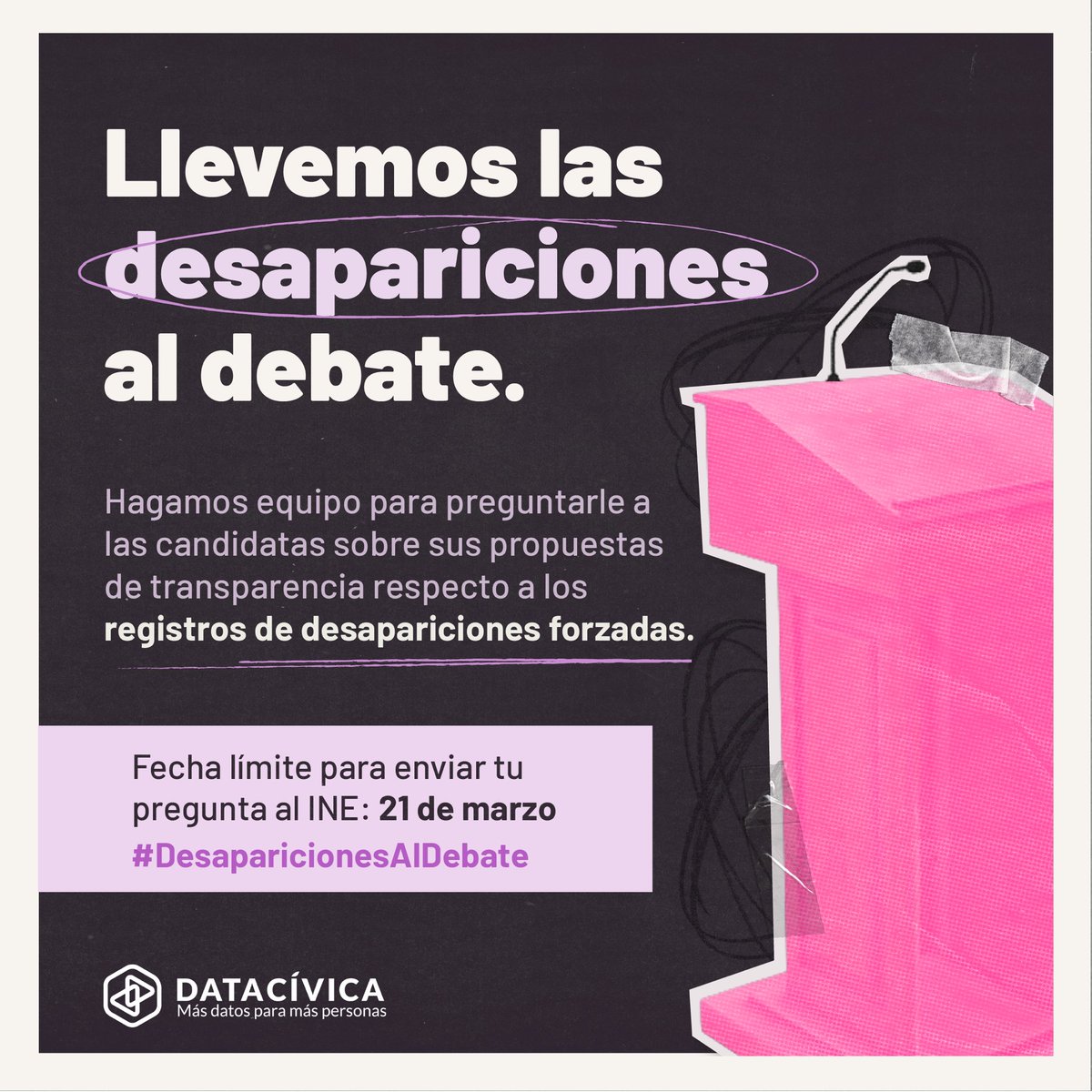 📢 Hagamos equipo para llevar las #DesaparicionesAlDebate en relación al tema de la transparencia en los registros de desaparecidos.

Esta semana inicia la recopilación de preguntas de la ciudadanía para el primer #DebateINE. 

Envía tu pregunta 👉🏼 ine.mx/preguntas-para…