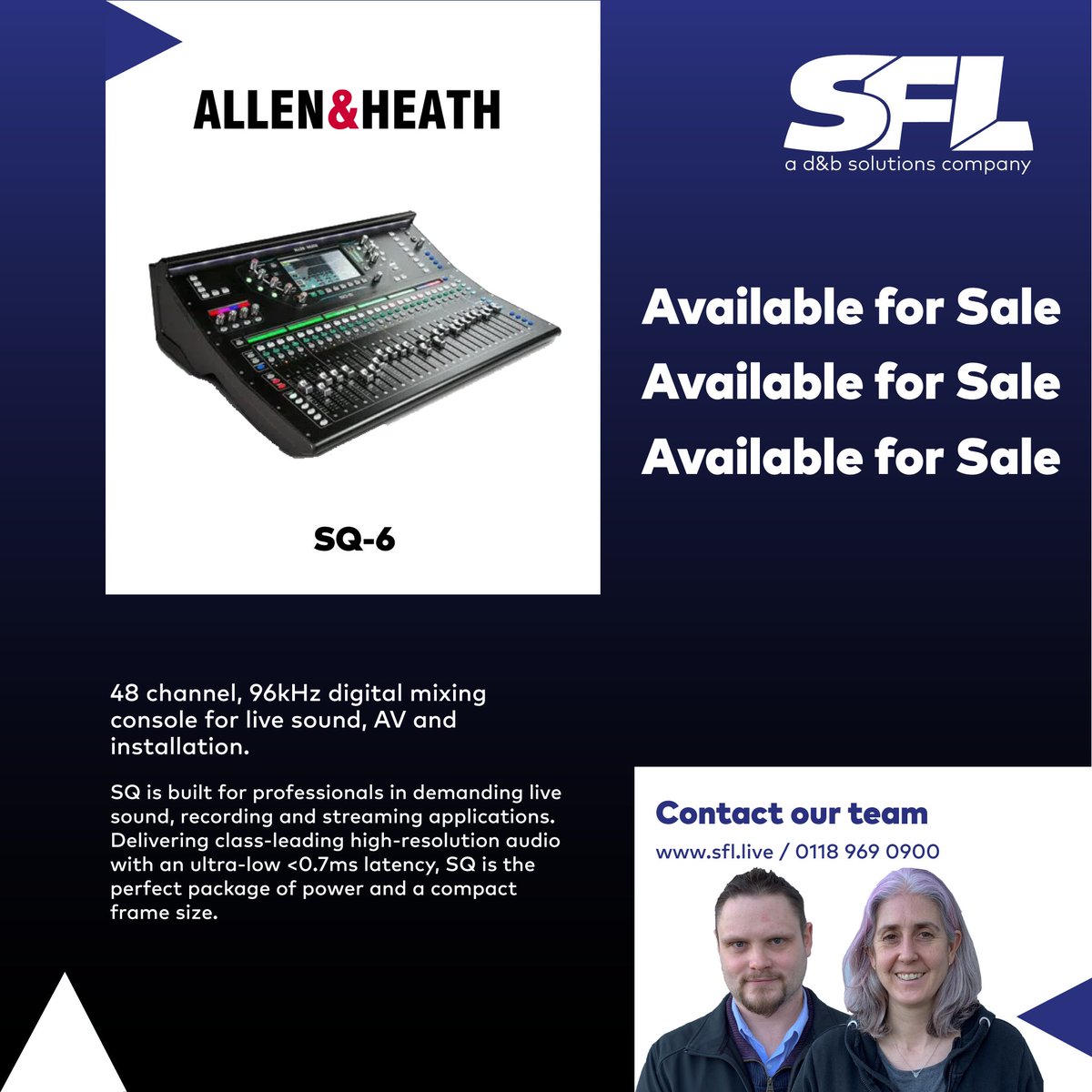 Available in Stock - <a href="/allen_heath/">ALLEN&HEATH</a> SQ-6

The SQ-6 is a live mixing console with a feature set which makes it the ideal choice for compact, but demanding live sound, recording and streaming applications.

Interested? Call our team on 0118 969 0900 or email info@sflgroup.co.uk