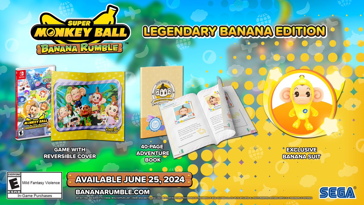 Super Monkey Ball Banana Rumble is available for pre-order now. The physical 🍌Legendary Banana Edition🍌 includes an O-Sleeve (slipcover) for the box, reversible game cover, magnificent 40-page Adventure Book, and the adorable Banana Suit. 🐵 > bananarumble.com