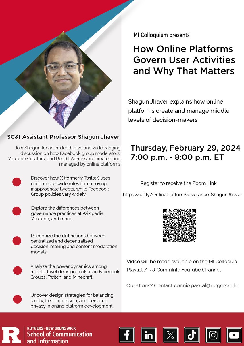 The MI Colloquium presents “How Online Platforms Govern User Activities and Why That Matters,” hosted by #RUSCI Assistant Professor @Shagunjhaver! Interested in joining this discussion? Register for the Zoom here: ow.ly/jBWY50QzNPo