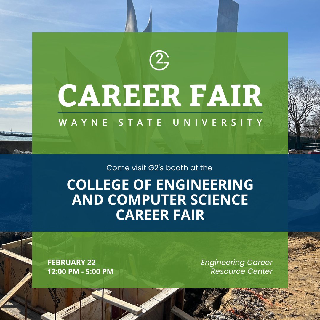 G2_Consulting's tweet photo. We'll be at the WSU career fair tomorrow! Stop by G2's booth and meet our Recruiter Nick Rosebush and Staff Engineer Steve Misze to discuss our Staff Engineer, intern and co-op positions. See you there!
#careerfair #waynestateuniversity #staffengineer #civilengineer https://t.co/e4mXufQur1