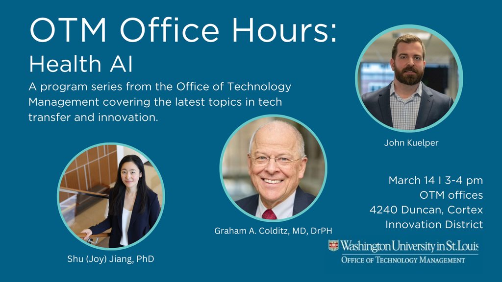 WashUDeptMed's tweet photo. Attend the next Office Hours @WashUOTM on “Healthtech AI” March 14th from 3-4pm. Discussions on regulatory constraints and state of Healthtech AI.
  
Panelists to include: @JoyJiang93 Graham A. Colditz, MD, DrPH, and @JohnKuelper

Info/Register > https://t.co/BXx0ZhJYLE https://t.co/bg3lBR650e