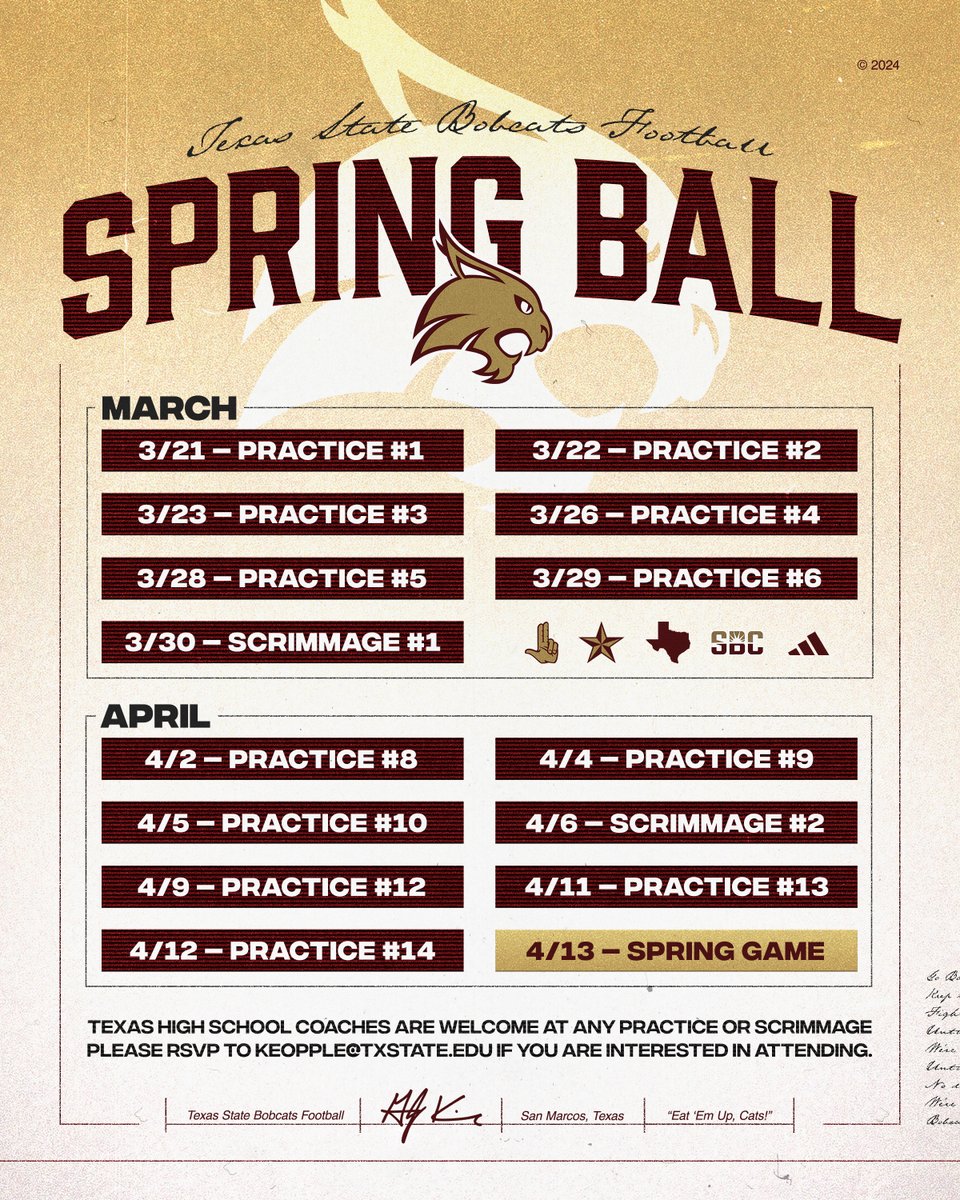 𝟐𝟎𝟐𝟒 𝐒𝐩𝐫𝐢𝐧𝐠 𝐁𝐚𝐥𝐥 Spring practice schedule just dropped 🗓 Spring Game is set for April 13 #EatEmUp #TakeBackTexas