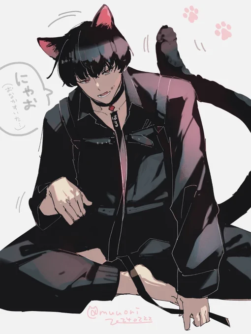 #イラスト #illustration 
猫の日創作男子🐱ご飯の時しか来ないし触らせてもくれない黒猫🌷 