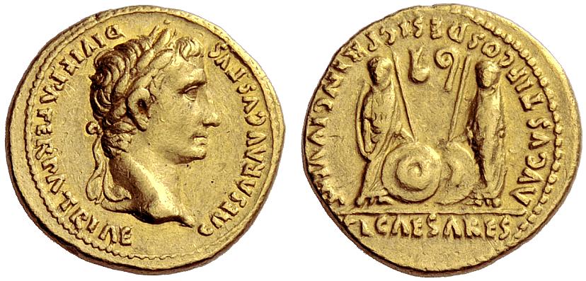 antigua_roma's tweet photo. Este áureo de Augusto muestra en el reverso a Cayo y Lucio proclamados césares, destinados a sucederle en el trono. https://t.co/uqe3yBnE6a