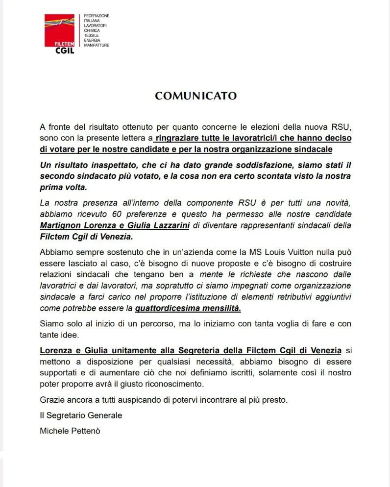 FilctemVe's tweet photo. #elezioni #RSU

GRANDE SODDISFAZIONE per il risultato uscito dalle urne dopo lo spoglio che ha visto il rinnovo delle RSU in  #Vuitton. Le lavoratrici e i lavoratori hanno scelto le nostre candidate come segno di fiducia e di cambiamento. https://t.co/LcDj8E362E
