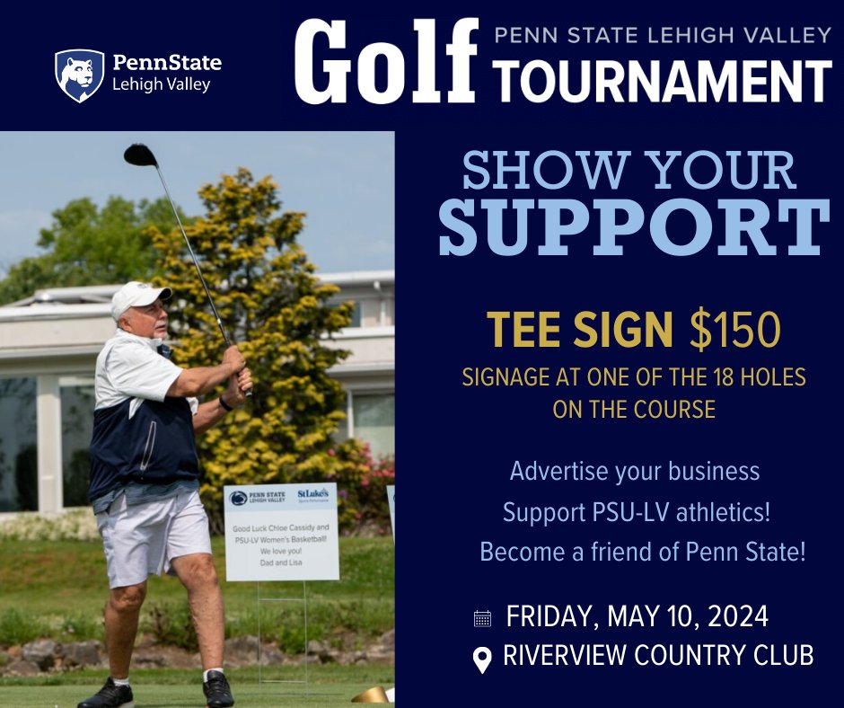 PSU Lehigh Valley (@psulehighvalley) on Twitter photo Purchase a TEE SIGN at one of the 18 holes at our annual PSU-LV Golf Tournament!
⛳ow.ly/topq50QFHT1 
A HUGE ⭐Thank You⭐ to our Sponsors!
Platinum Sponsor, Lehigh Valley Health Network
Butz Corporate Center
Peoples Security Bank Purchase a TEE SIGN at one of the 18 holes at our annual PSU-LV Golf Tournament!
⛳ow.ly/topq50QFHT1 
A HUGE ⭐Thank You⭐ to our Sponsors!
Platinum Sponsor, Lehigh Valley Health Network
Butz Corporate Center
Peoples Security Bank