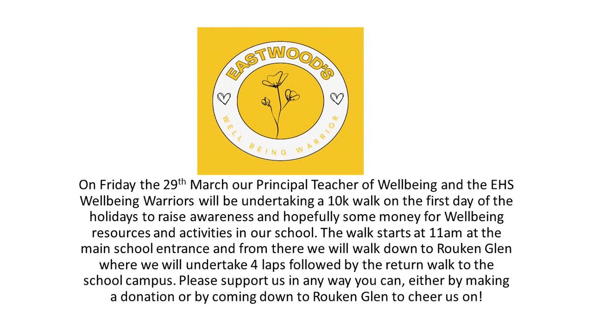 EHS Wellbeing Warriors sponsor walk on Friday 29th March - please donate on Parentpay