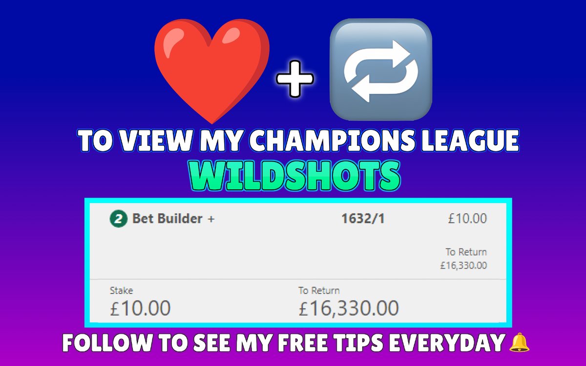 EmilyTaylorTips's tweet image. Who wants me to post my 1632/1 Champions League WILDSHOT bet builder today?🔥

I have already posted a 160/1 Acca on my Instagram! 😍

Everybody who ❤️ and retweets this tweet will be able to see my bet builders today! 👀

Turn my notifications on and follow to receive my tips🔔