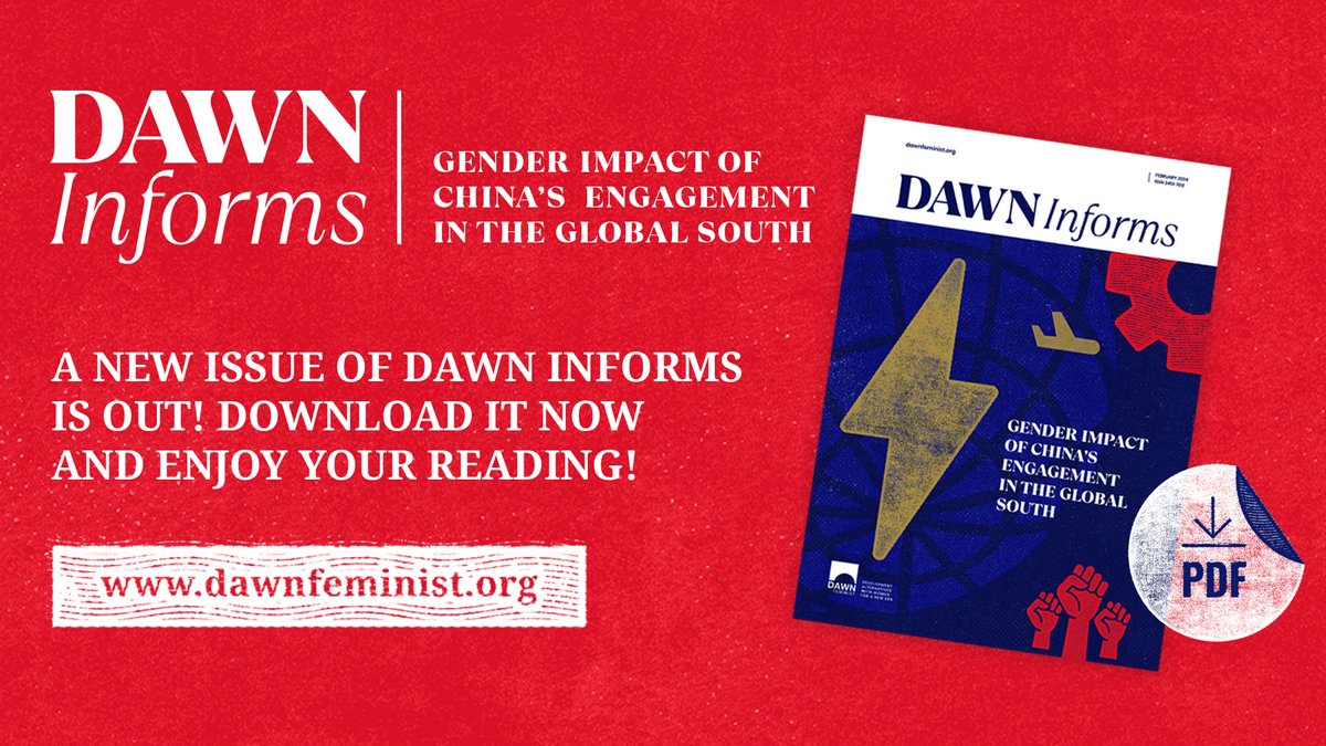 DAWNfeminist's tweet photo. THE LATEST ISSUE OF #DAWNInforms IS OUT! A Must-Read You Won't Want to Miss! 🌟 Explore the main findings of eight case studies uncovering the #gender impact of China’s engagement in the #globalSouth
Download it now: https://t.co/39bknOZwIP https://t.co/DVZVxKQIyQ