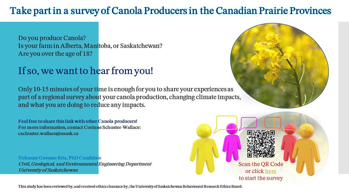Participants needed for research on changing climate risks and solutions for canola production! 

To participate in this study, please access the survey here: surveymonkey.ca/r/canolaprod

#CanolaSurvey #ClimateSmartFarming #FarmersVoice #ClimateAdaptation #CanadianPrairies #PhDlife