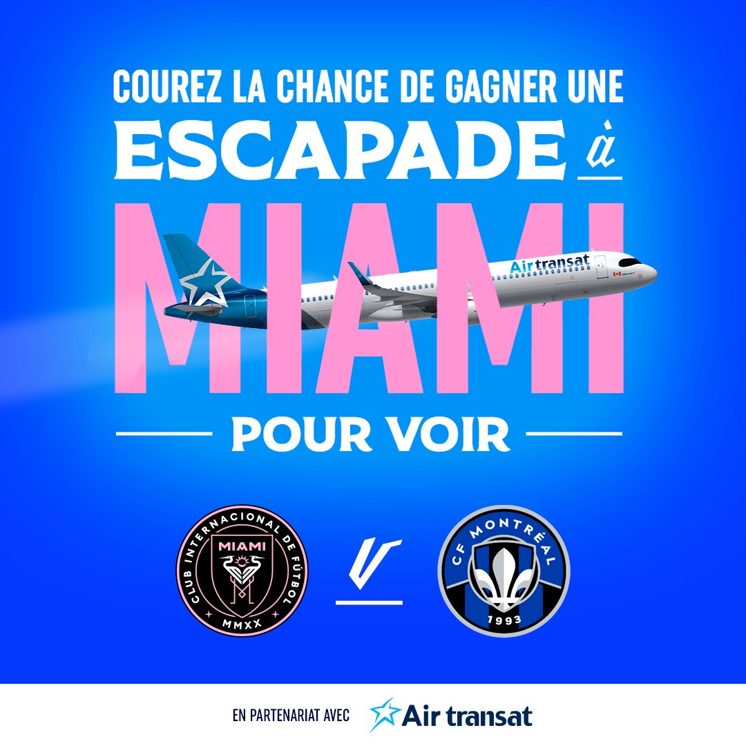 🚨 CONCOURS 🚨 Afin de célébrer notre nouveau partenariat, le CF Montréal et @airtransat sont heureux de vous offrir un séjour pour deux à Miami afin de soutenir le bleu-blanc-noir 🌴 Cela inclut : - 2 billets pour voir @InterMiamiCF face au CF Montréal le 10 mars - 2 billets
