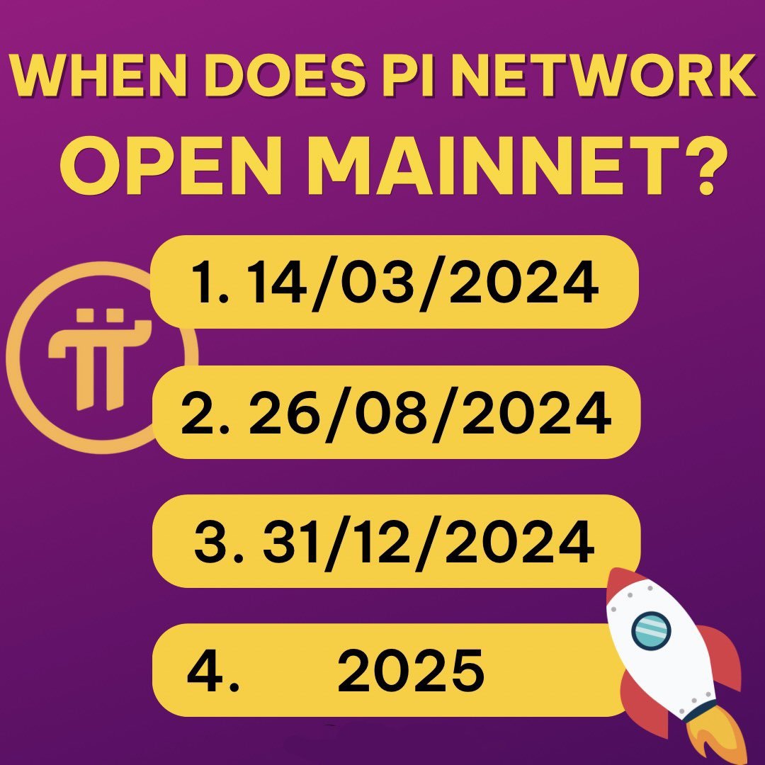 ✅ When does Pi Network launches Open Mainnet? 🚀

1. 24/03/2024
2. 26/08/2024
3. 31/12/2024
4. >2025

🤔 What is your choice? Leave your comment below 👇