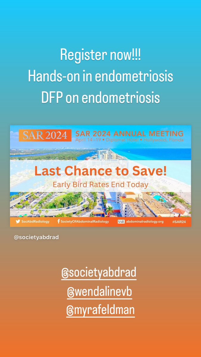 We invite you all to attend our hands-on course on imaging diagnosis of endometriosis during the upcoming @SocietyAbdRad meeting. Register now! @ScottWYoungMD @FeldmanMyra @WendalineVB @ASBEpic @PriyankaJhaMD @ShuchiRodgers @LiinaPoder