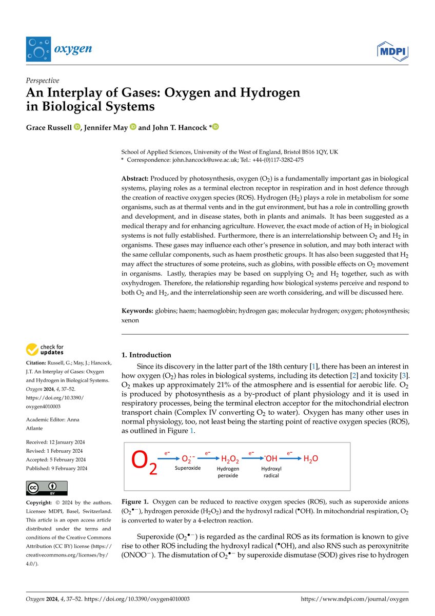 🆕 Publication 

Russell G, May J, Hancock JT. An Interplay of Gases: Oxygen &amp; Hydrogen in Biological Systems. Oxygen 2024, 4, 37-52.    
doi.org/10.3390/oxygen…

<a href="/John_hancockuwe/">John Hancock</a> <a href="/DrJenMay/">Dr Jen May</a>
