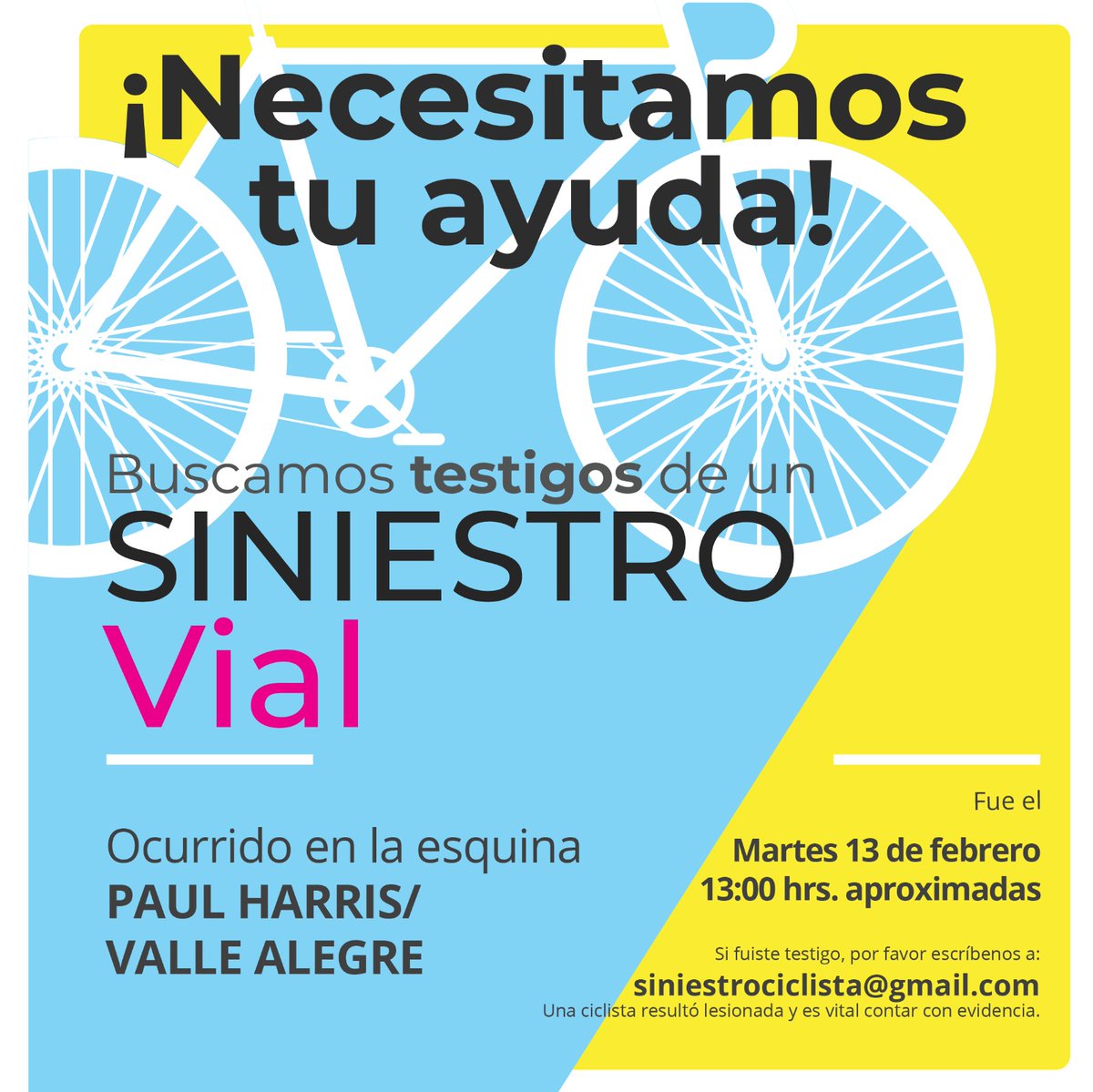 danielasuau's tweet image. Necesito apoyo difundiendo esta publicación, ya que me sería de mucha utilidad contar con testigos y/o con personas que tengan registros audiovisuales y que hayan pasado por el lugar del siniestro.

Testigos deben escribir a:
siniestrociclista@gmail.com