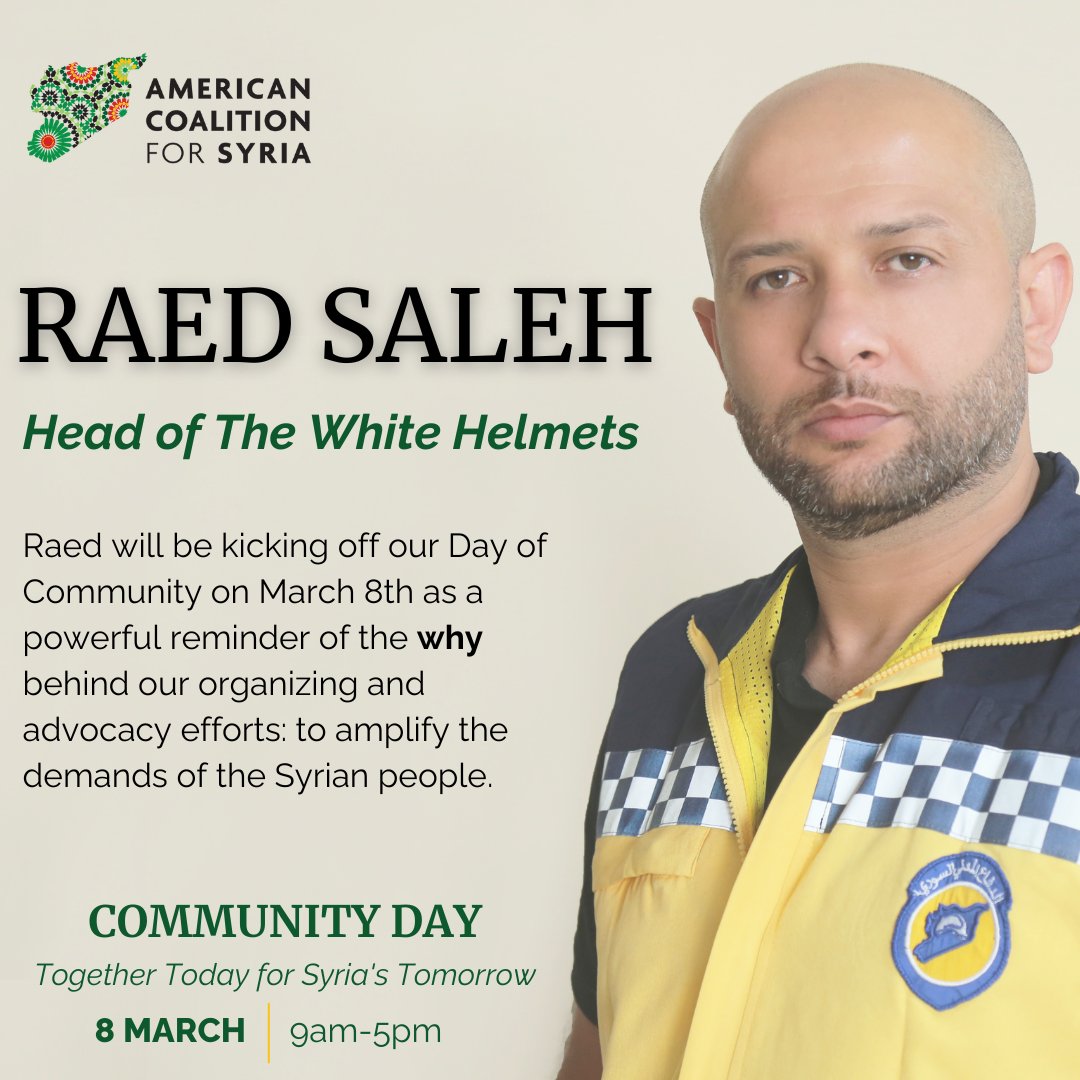 ACSyria's tweet photo. We are thrilled to announce that Raed Saleh, Head of the @SyriaCivilDef, will be joining us during our annual conference #ForSyria. https://t.co/LcqRnwCOOc