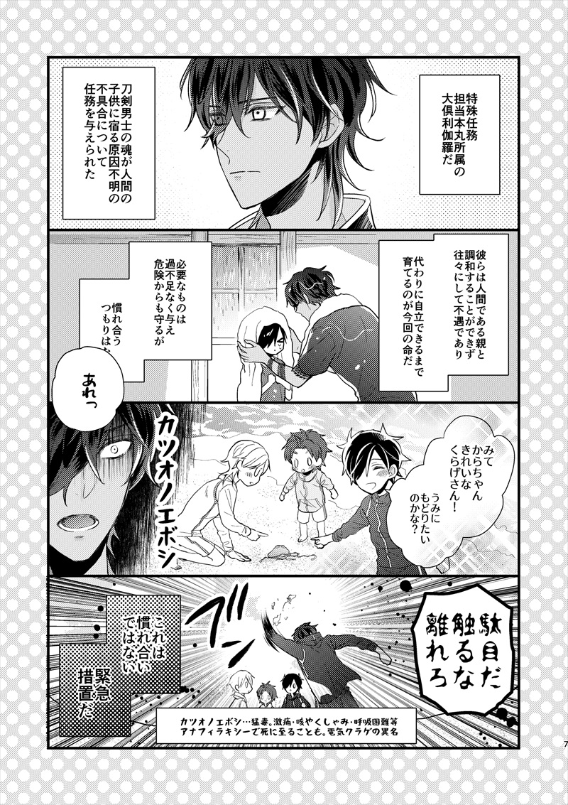 3/17閃華春大祭新刊サンプル「なれあうつもりはなかった再録5」A5/176p 特殊任務担当本丸の大倶利伽羅がちび伊達組を育てているお話と同本丸の鶴丸がちび長谷部&amp;伽羅を育てているお話+今回は特殊エピソードも。描き下ろし13p
「東5の01ab/からくの」にて頒布予定です🌸(1/10) 